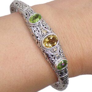 Intricate Sterling Silver/18K Accents, Citrine and Peridot Bangle Bracelet